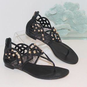 RENE CAOVILLA LACE AND SUEDE BLACK EMBELLISHED BEADED SANDALS 36 6